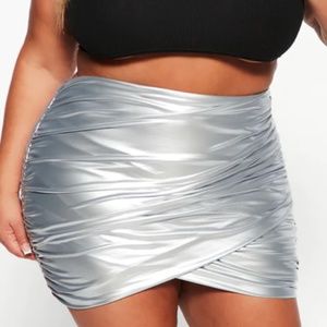 Silver Metallic Mini Skirt Criss Cross Front Faux Leather Material